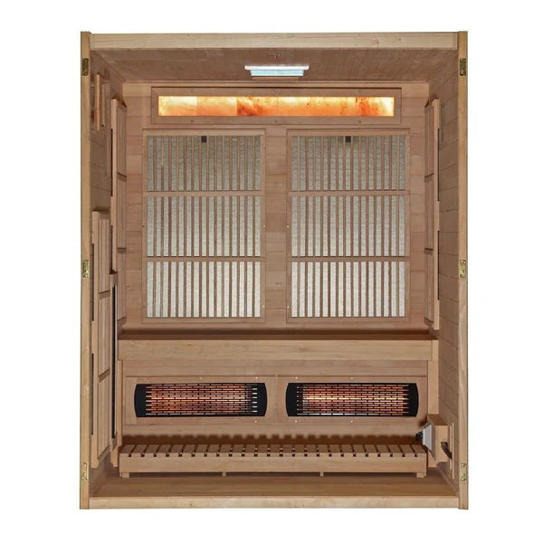 Soria 3 Person Indoor Hybrid Sauna: Full Spectrum Infrared & Harvia Traditional Stove with Himalayan Salt Bar