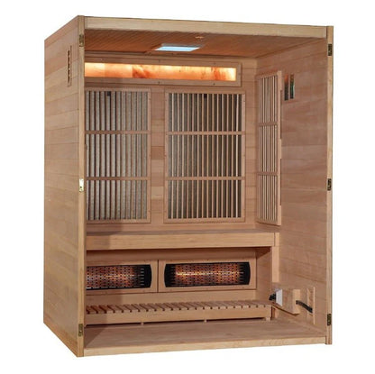 Soria 3 Person Indoor Hybrid Sauna: Full Spectrum Infrared & Harvia Traditional Stove with Himalayan Salt Bar