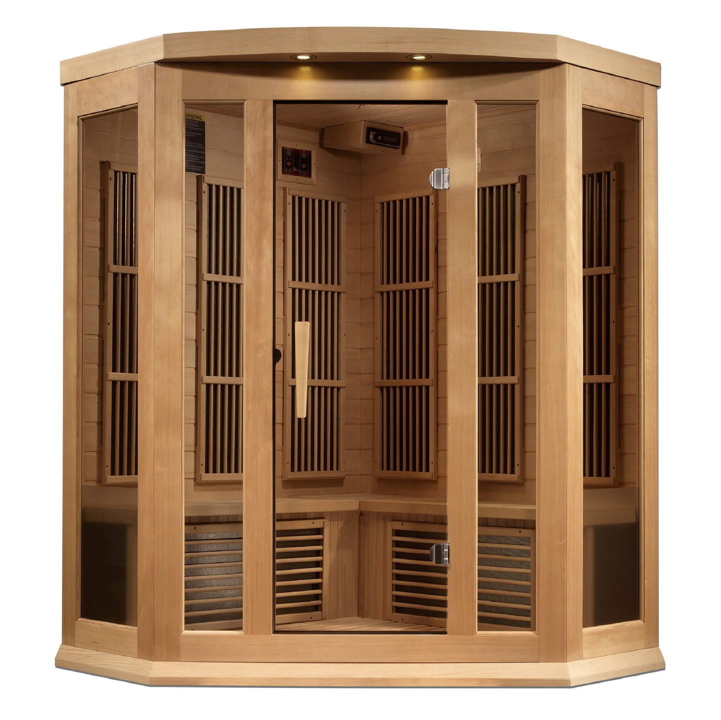 Maxxus 3 Person Corner Indoor Near Zero EMF FAR Infrared Sauna - Canadian Hemlock