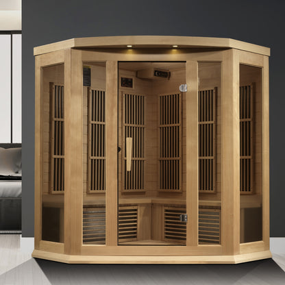 Maxxus 3 Person Corner Indoor Near Zero EMF FAR Infrared Sauna - Canadian Hemlock