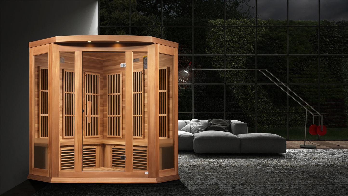 Maxxus 3 Person Corner Indoor Near Zero EMF FAR Infrared Sauna - Canadian Red Cedar